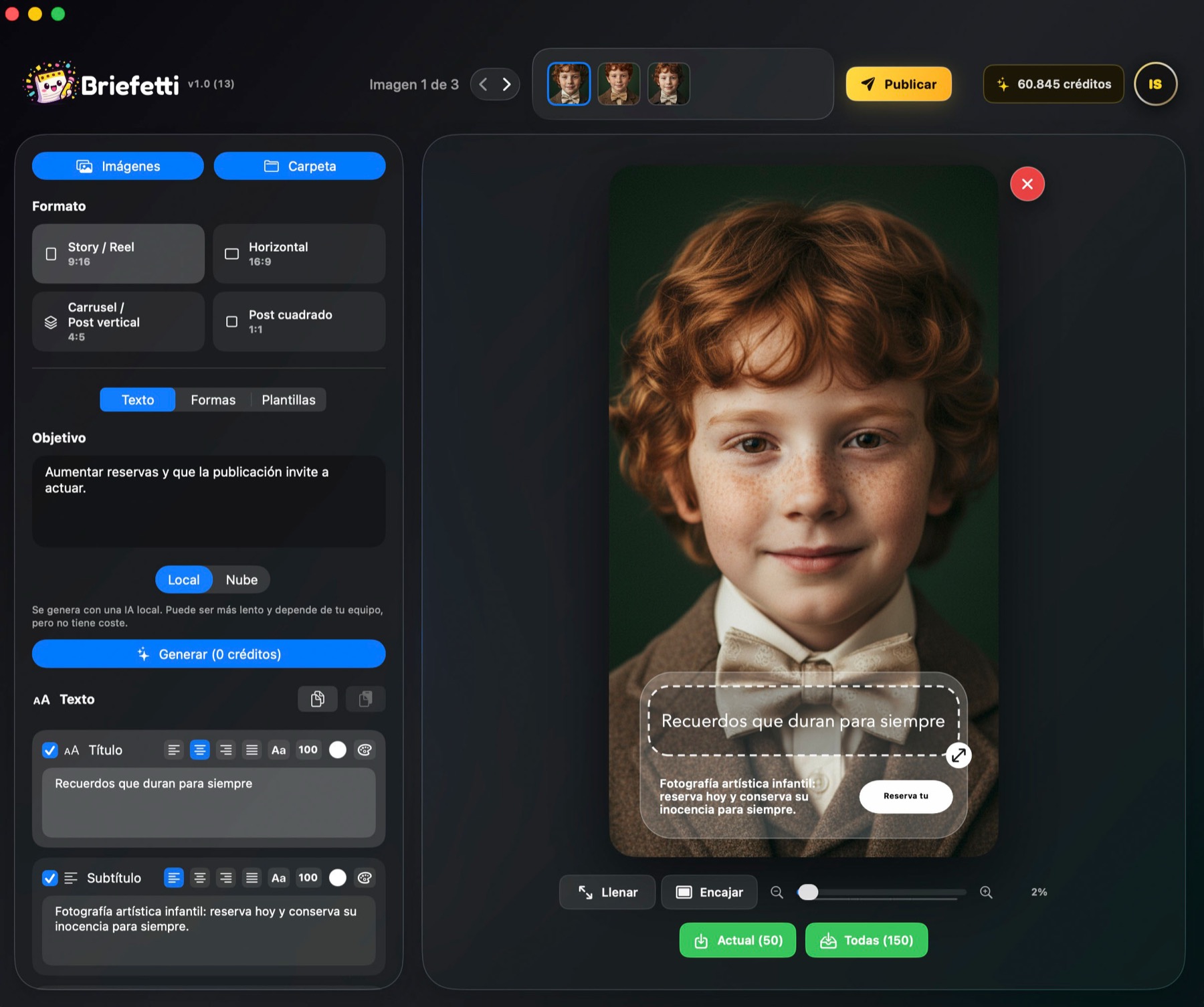 Interfaz de Briefetti creando una publicación vertical para redes sociales